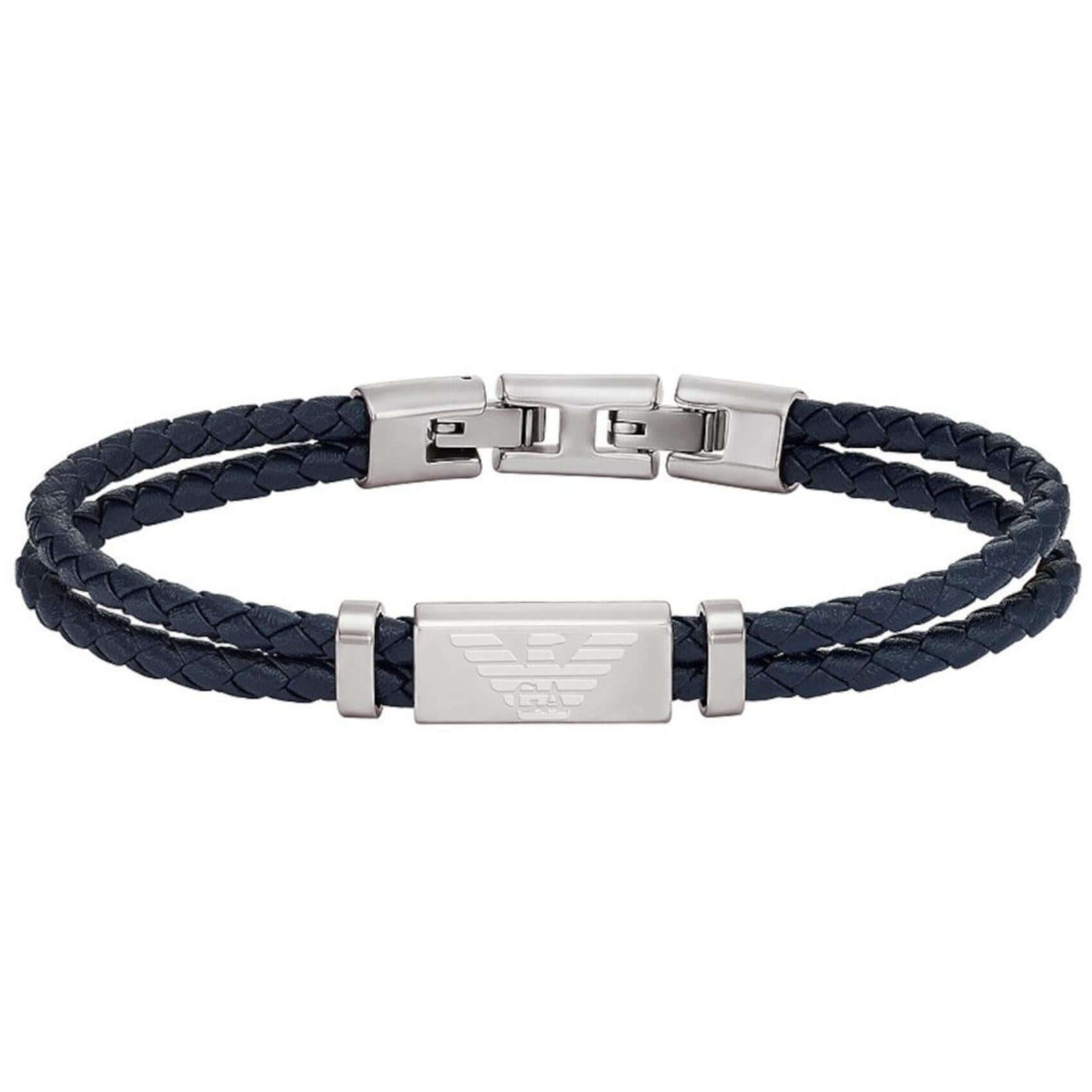 Ανδρικό βραχιόλι Emporio Armani EGS2995040 Essential δερμάτινο σε μπλε χρώμα με ατσάλινο στοιχείο.