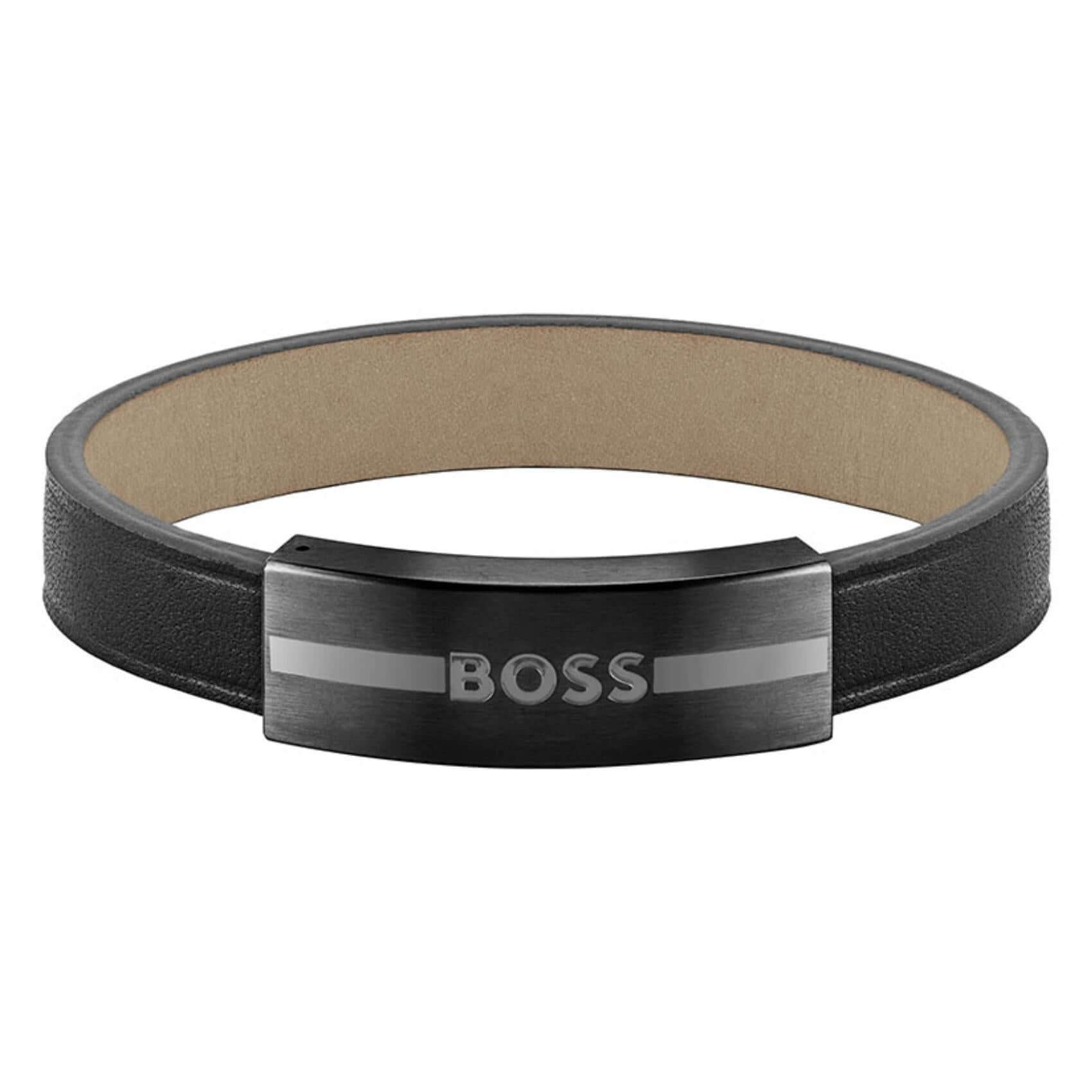 Ανδρικό δερμάτινο βραχιόλι Boss 1580490M σε μαύρο χρώμα.