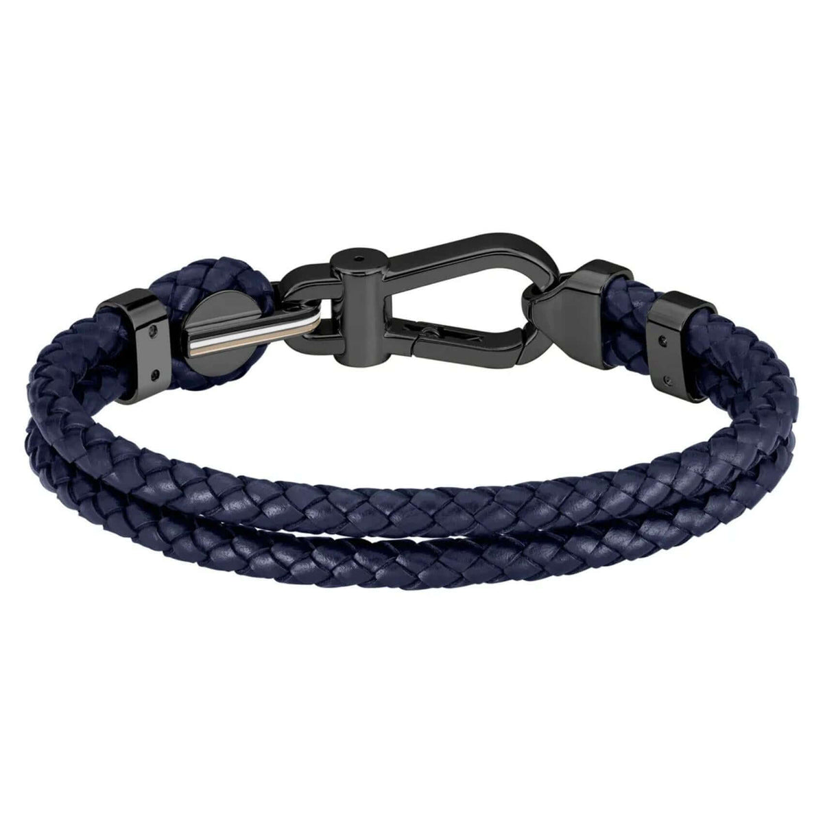 Ανδρικό δερμάτινο βραχιόλι Boss 1580701M σε μπλε χρώμα με πλεκτό σχέδιο και μαύρο μεταλλικό κούμπωμα.