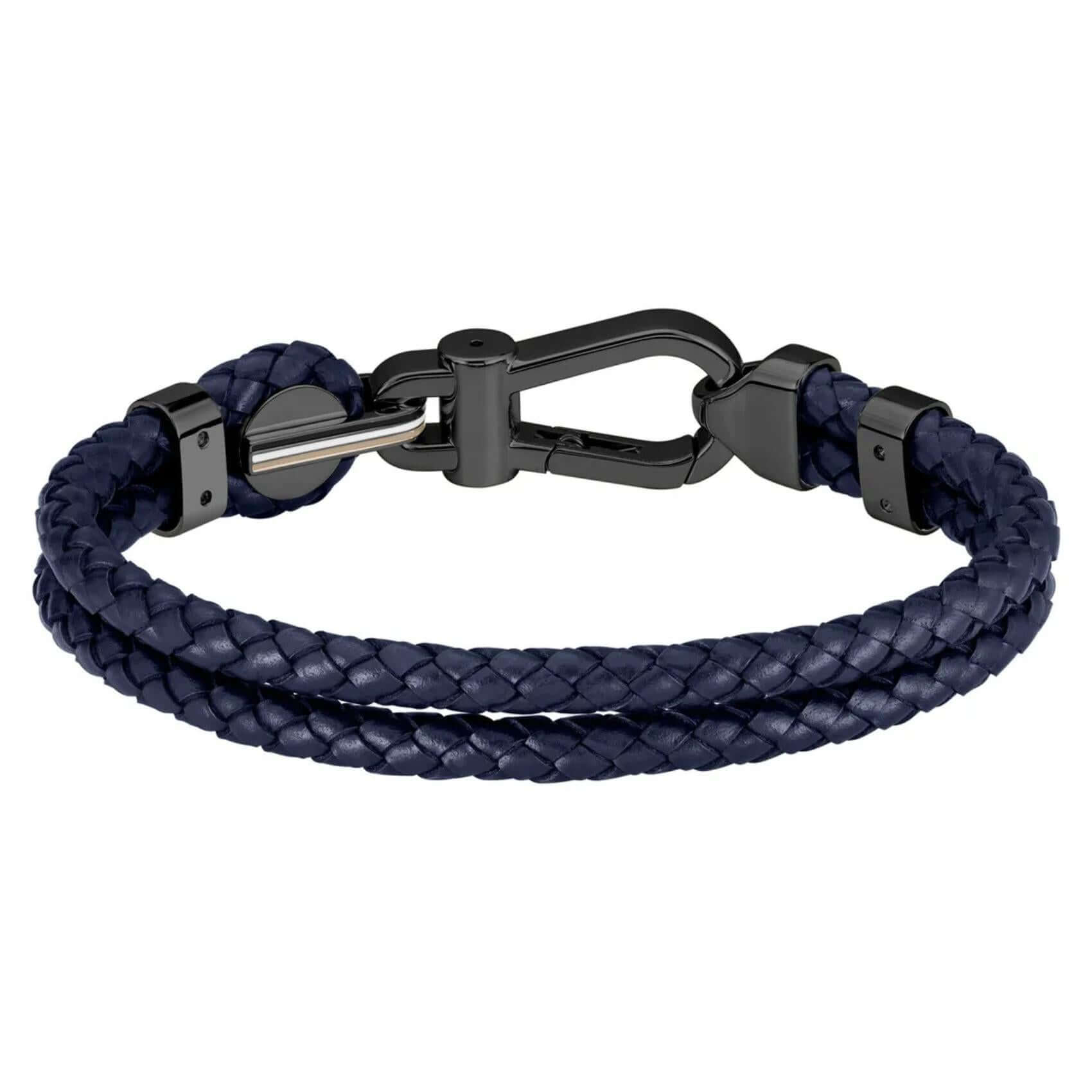 Ανδρικό δερμάτινο βραχιόλι Boss 1580701M σε μπλε χρώμα με πλεκτό σχέδιο και μαύρο μεταλλικό κούμπωμα.