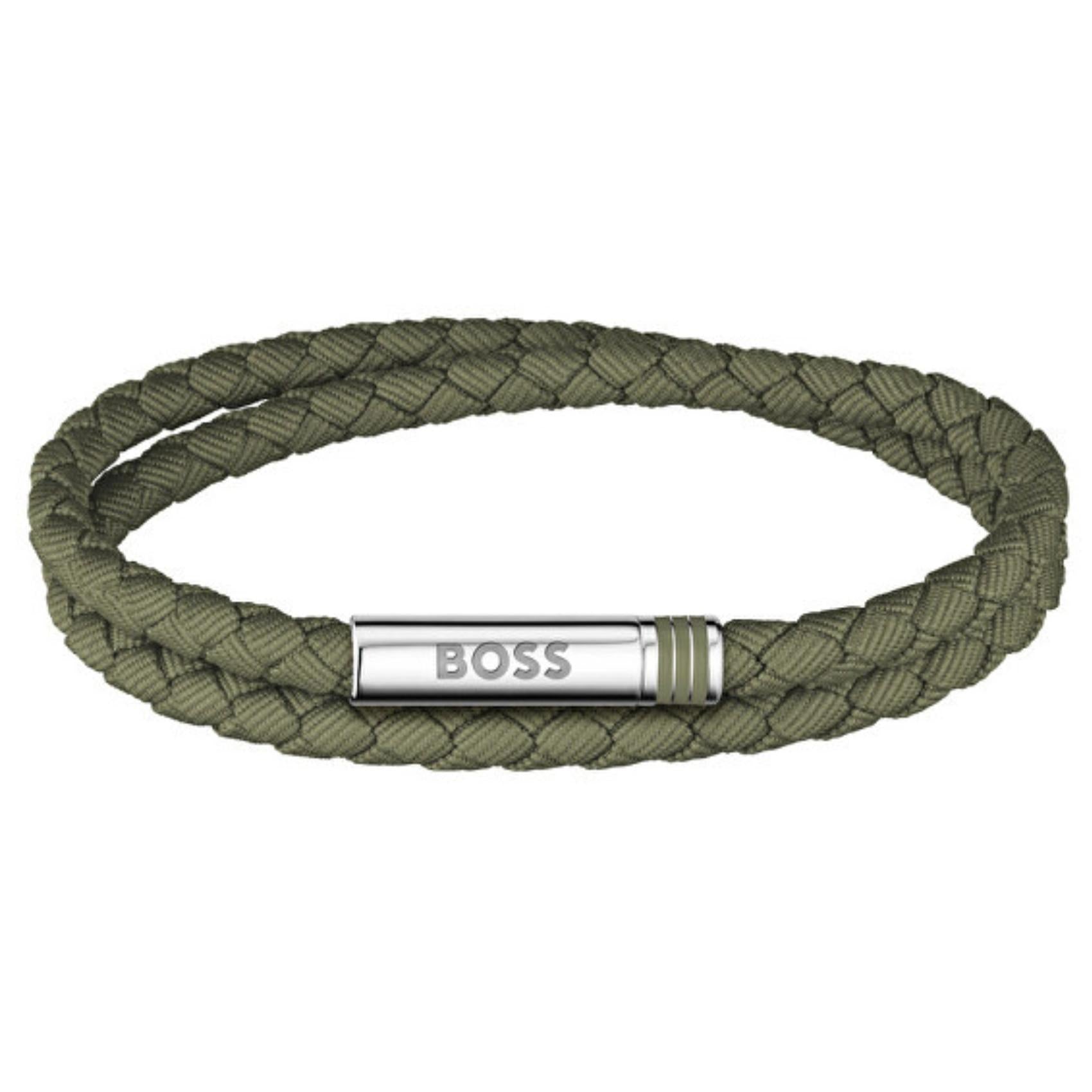 Ανδρικό δερμάτινο βραχιόλι Boss 1580797 σε χακί χρώμα με μαγνητικό κούμπωμα και λογότυπο
