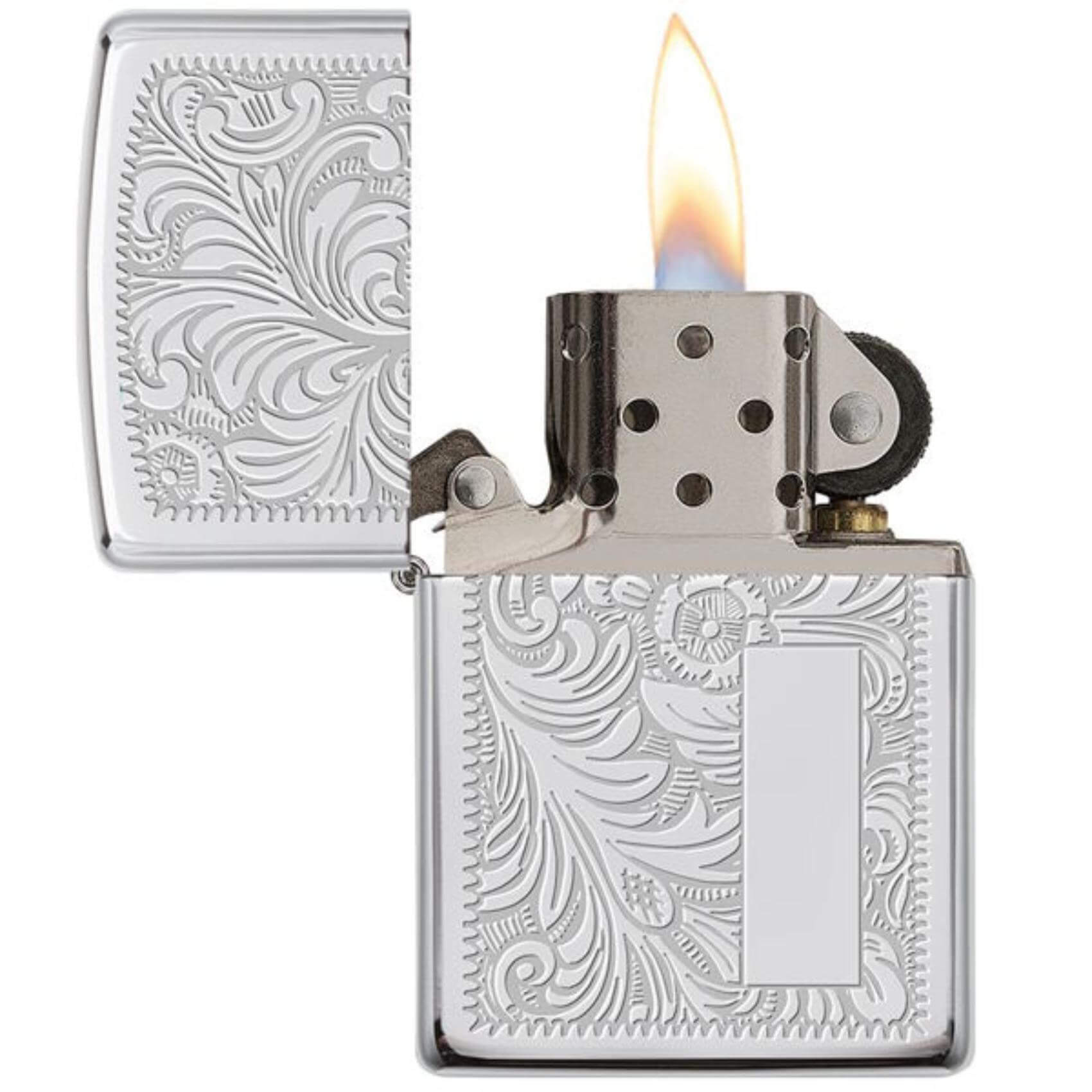Αντιανεμικός αναπτήρας Zippo Brass Venetian 352 σε ασημί μεταλικό χρώμα με φλοράλ λεπτομέρειες και δυνατότητα χάραξης.