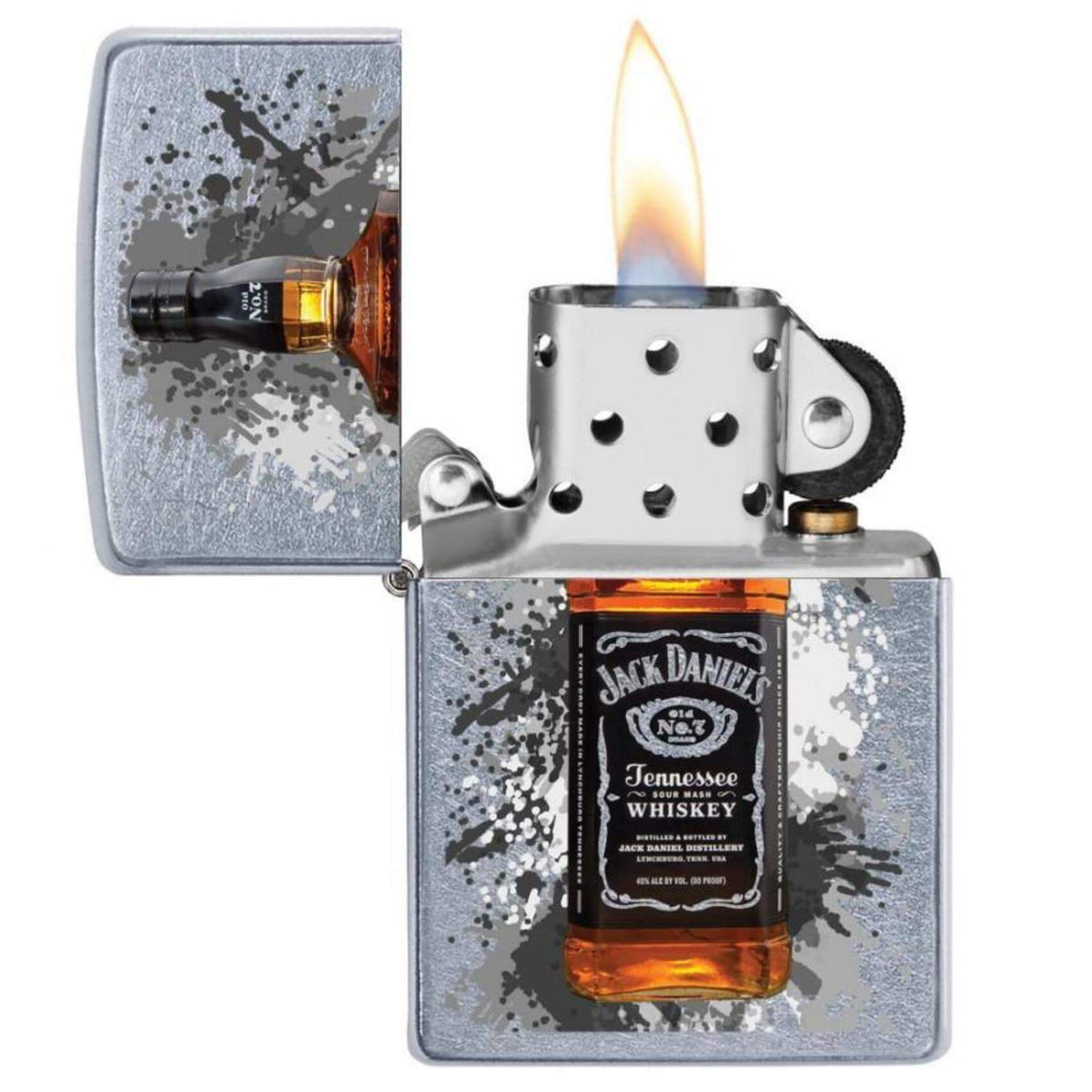 Αντιανεμικός αναπτήρας Zippo Jack Daniels 7040 σε ασημί μεταλλικό χρώμα με μαύρες λεπτομέρειες και δυνατότητα χαράγματος για ένα προσωποποιημένο δώρο.