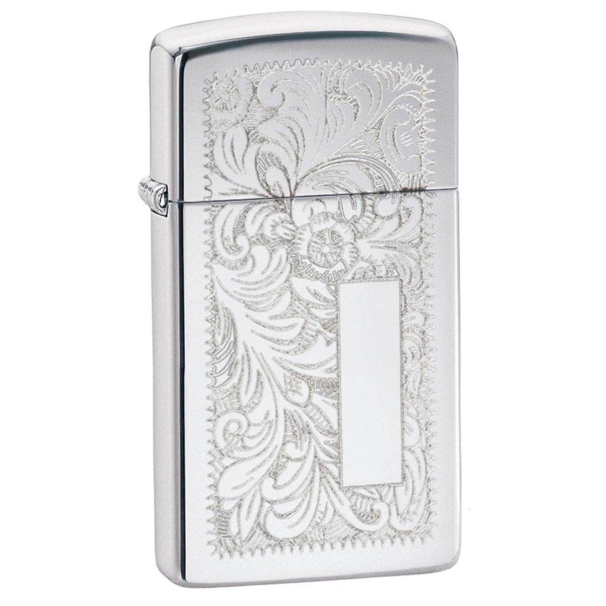 Αντιανεμικός αναπτήρας Zippo Silver Venetia Slim 1652 σε ασημί χρώμα με φλοραλ λεπτομέρειες χαραγμένες και δυνατότητα χαράγματος για ένα προσωποποιημένο δώρο.