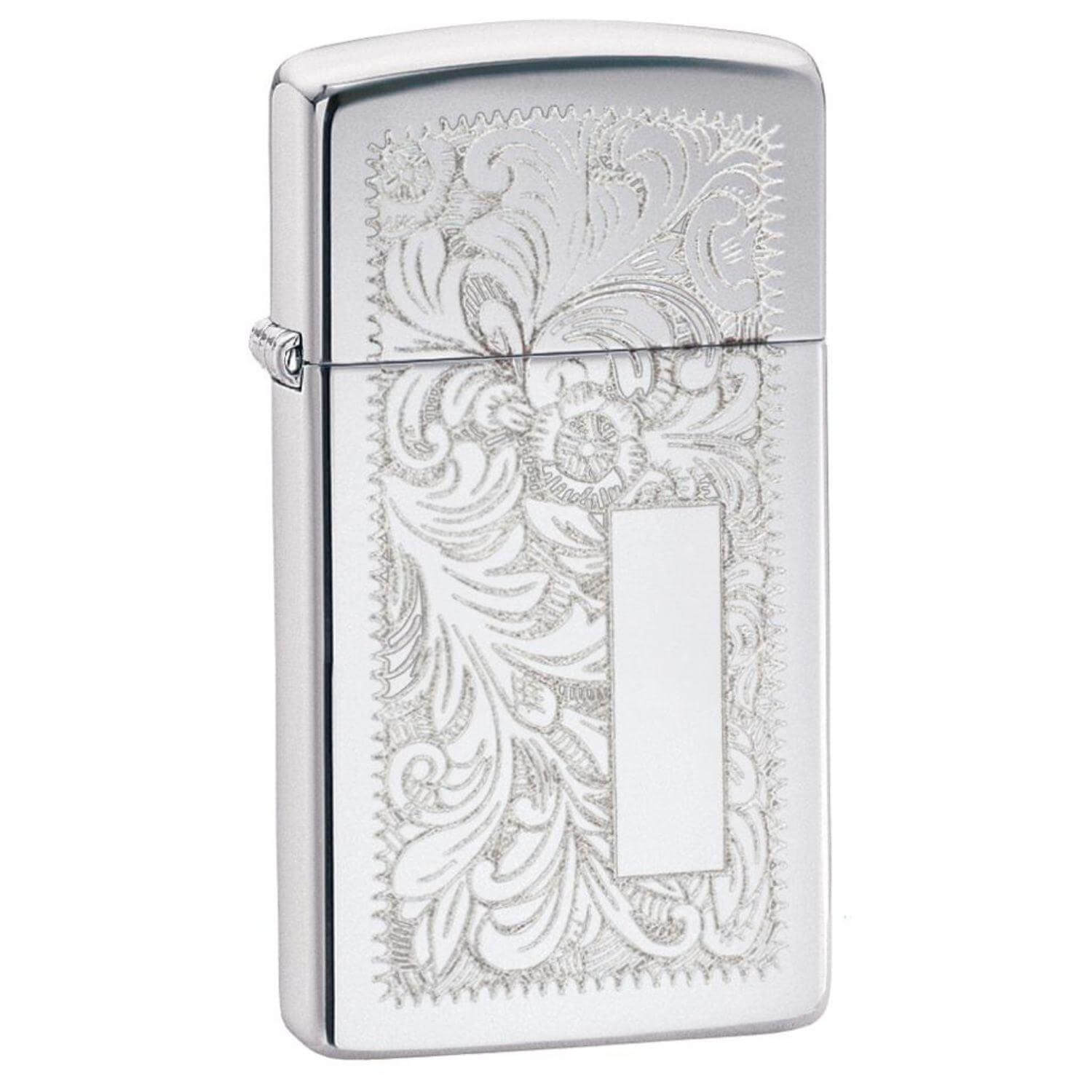 Αντιανεμικός αναπτήρας Zippo Silver Venetia Slim 1652 σε ασημί χρώμα με φλοραλ λεπτομέρειες χαραγμένες και δυνατότητα χαράγματος για ένα προσωποποιημένο δώρο.