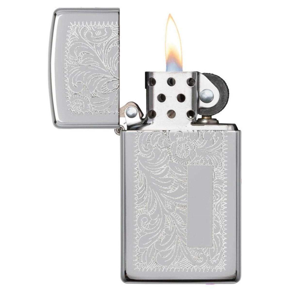 Αντιανεμικός αναπτήρας Zippo Silver Venetia Slim 1652 σε ασημί χρώμα με φλοραλ λεπτομέρειες χαραγμένες και δυνατότητα χαράγματος για ένα προσωποποιημένο δώρο.
