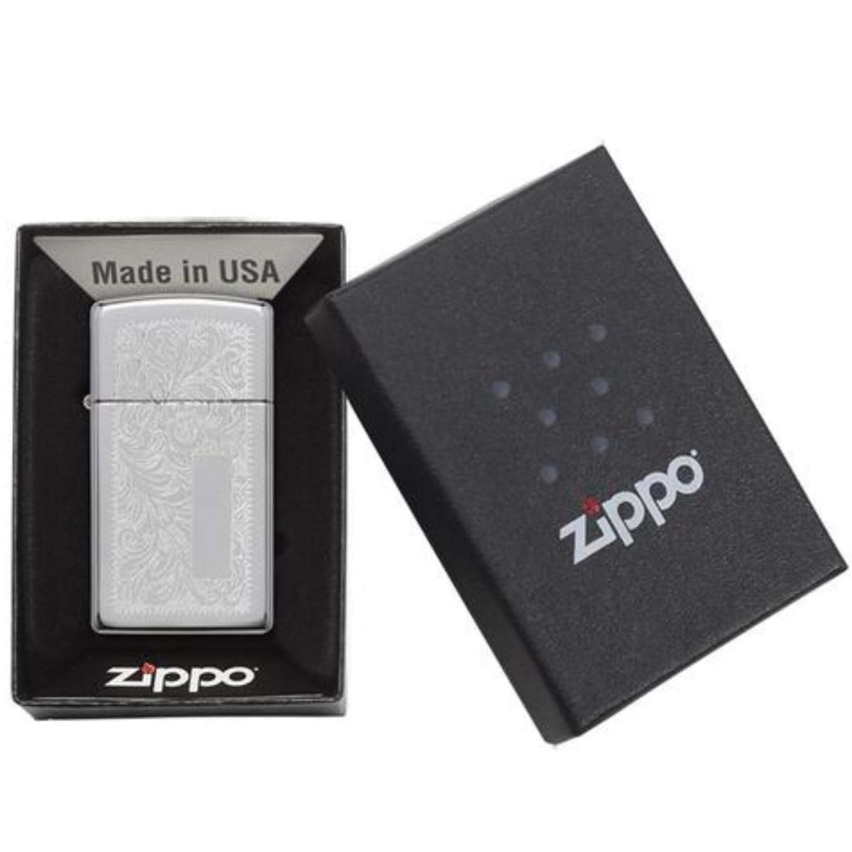 Αντιανεμικός αναπτήρας Zippo Silver Venetia Slim 1652 σε ασημί χρώμα με φλοραλ λεπτομέρειες χαραγμένες και δυνατότητα χαράγματος για ένα προσωποποιημένο δώρο.
