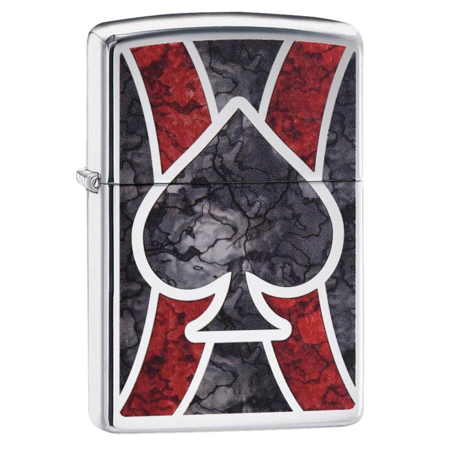 Αντιανεμικός αναπτήρας Zippo Spade 28952 σε ασημί χρώμα με κόκκινες και μαύρες λεπτομέρειες  και δυνατότητα χαράγματος για ένα προσωποποιημένο δώρο.