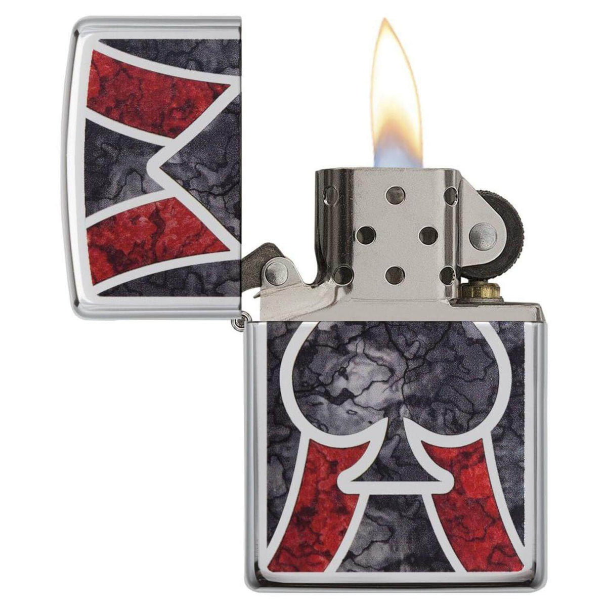 Αντιανεμικός αναπτήρας Zippo Spade 28952 σε ασημί χρώμα με κόκκινες και μαύρες λεπτομέρειες και δυνατότητα χαράγματος για ένα προσωποποιημένο δώρο.