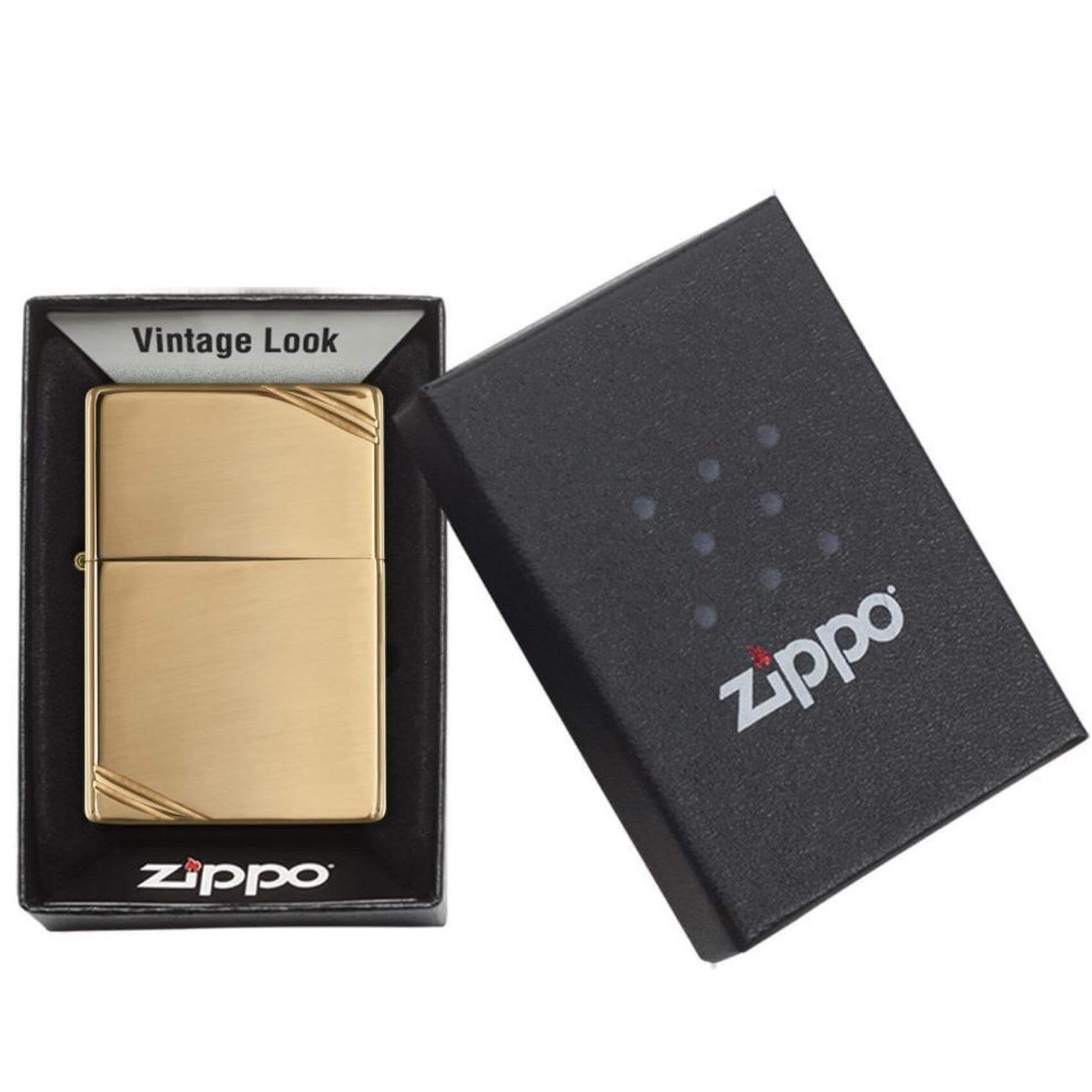 Αντιανεμικός αναπτήρας Zippo Vintage Gold 270 σε χρυσό χρώμα με γυαλιστερή υψή και δύο γραμμές χαραγμένες και δυνατότητα χαράγματος για ένα προσωποποιημένο δώρο.