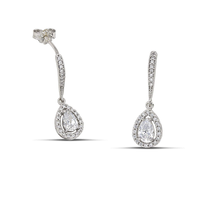 Λευκόχρυσα σκουλαρίκια κρεμαστά Κ14 με λευκή ροζέτα