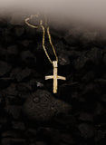 Γυναικείος χρυσός μοντέρνος σταυρός βάπτισης με ζιργκόν., σε μαύρο φόντο.