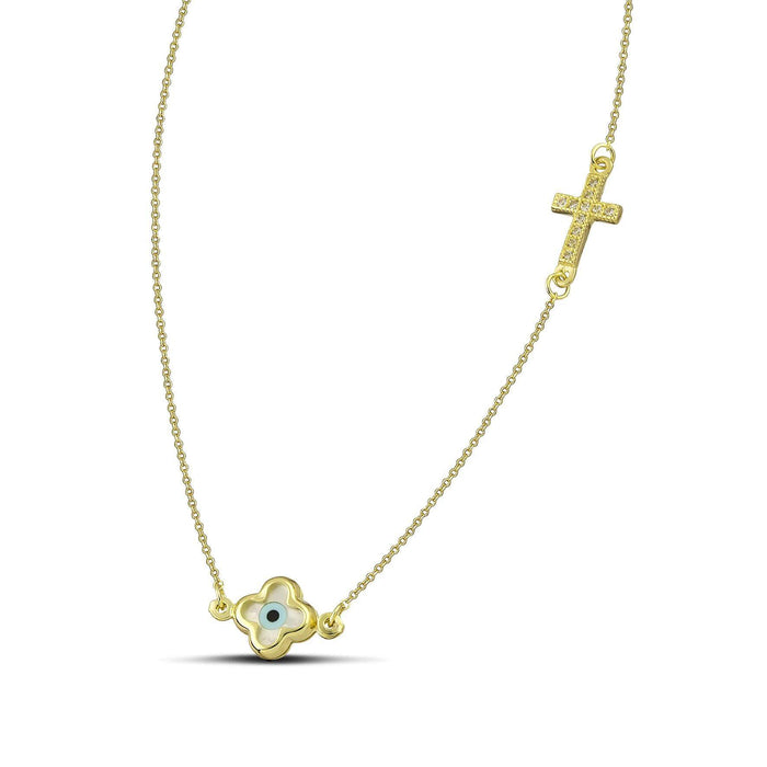 Χρυσό κολιέ Κ9 με ματάκι φίλντισι και σταυρό