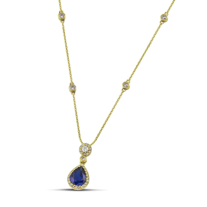 Xρυσό κολιέ Κ14 με Μπλε Ροζέτα Δάκρυ και Λευκές Πέτρες