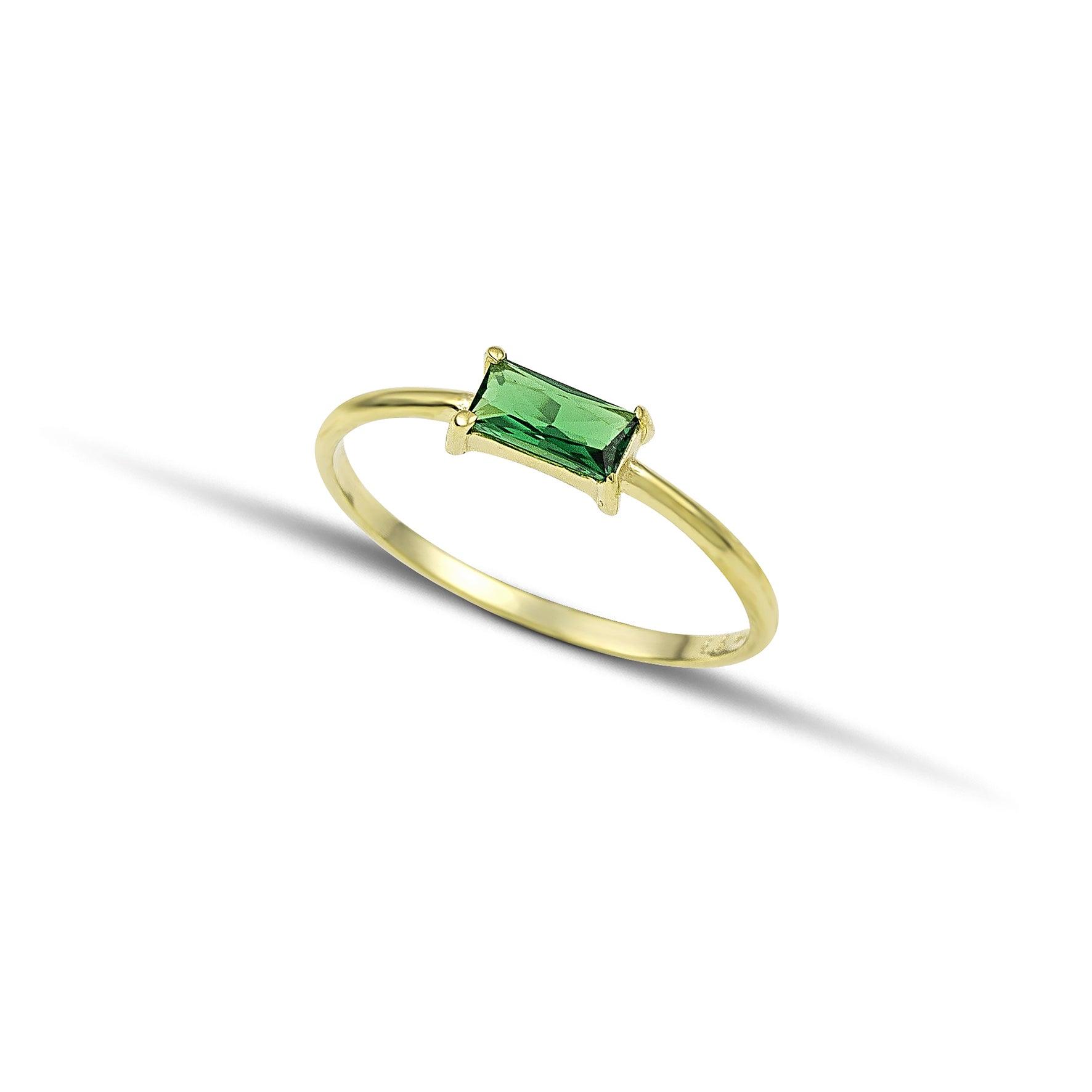 Χρυσό Δαχτυλίδι Κ14 με Πράσινη Πέτρα Baguette