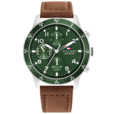 Ανδρικό ρολόι Tommy Hilfiger Jimmy 1791948 χρονογράφος με καφέ δερμάτινο λουράκι και πράσινο καντράν διαμέτρου 44mm με ένδειξη ημέρας-ημερομηνίας.