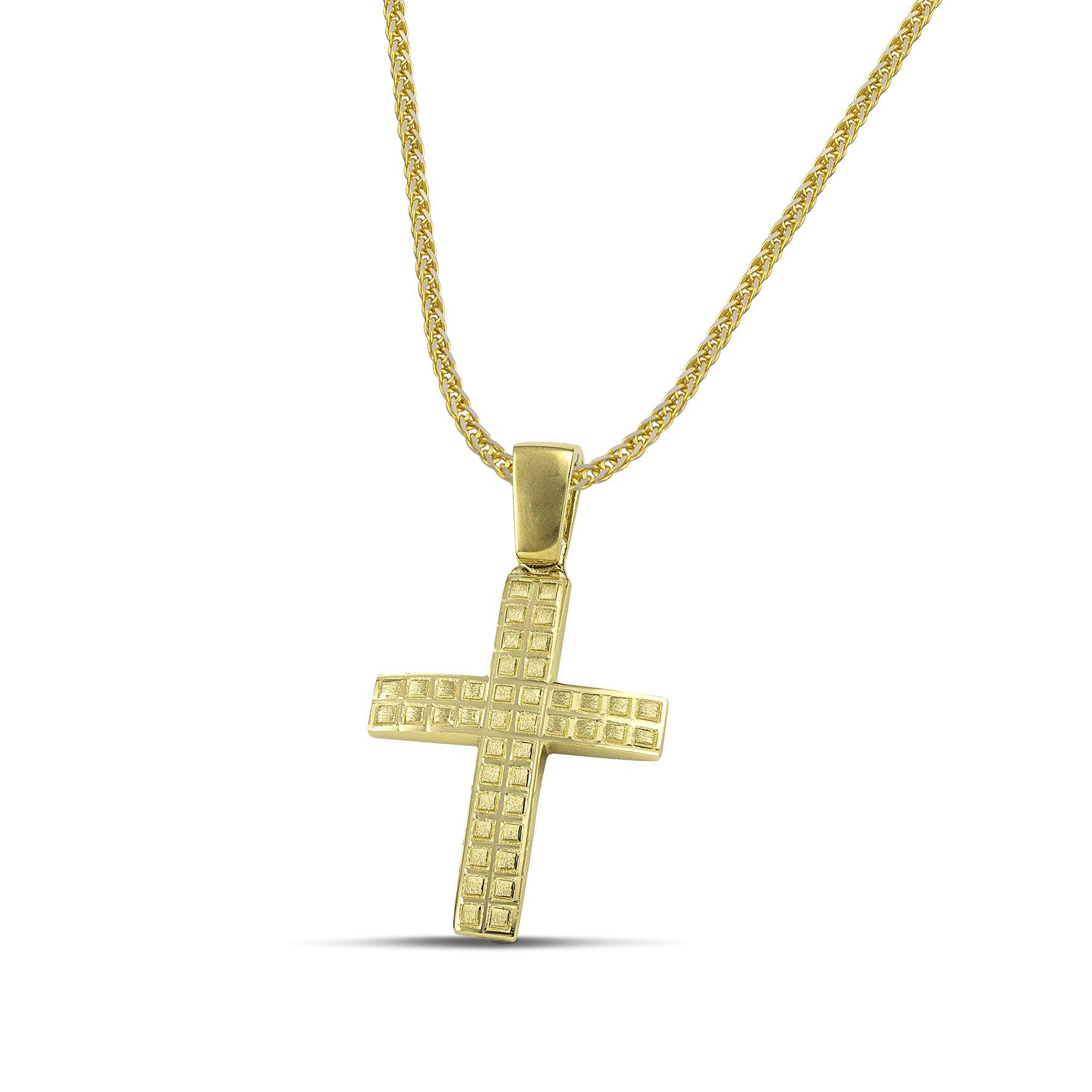 Ανδρικός χρυσός σταυρός βάπτισης με τετράγωνα σχέδια, σε χοντρή αλυσίδα.