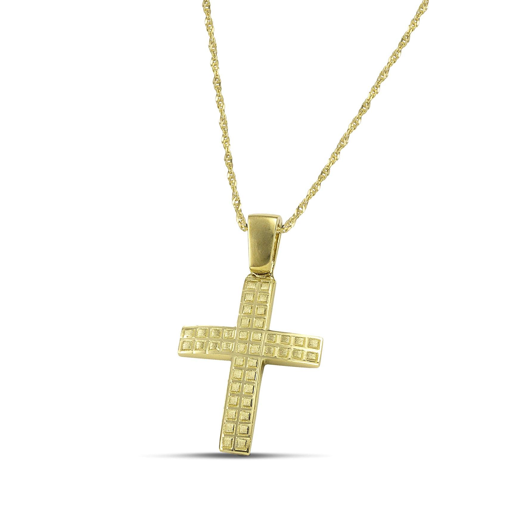 Ανδρικός χρυσός σταυρός βάπτισης με τετράγωνα σχέδια, σε στριφτή αλυσίδα.
