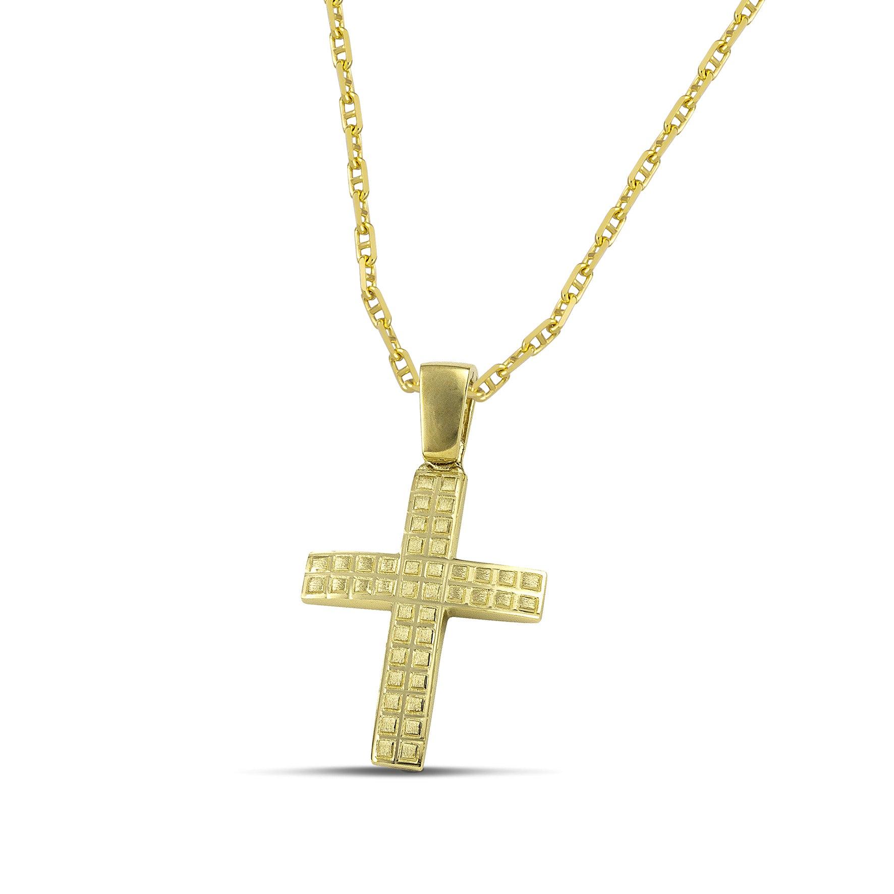 Ανδρικός χρυσός σταυρός βάπτισης με τετράγωνα σχέδια, σε "Θ" αλυσίδα.