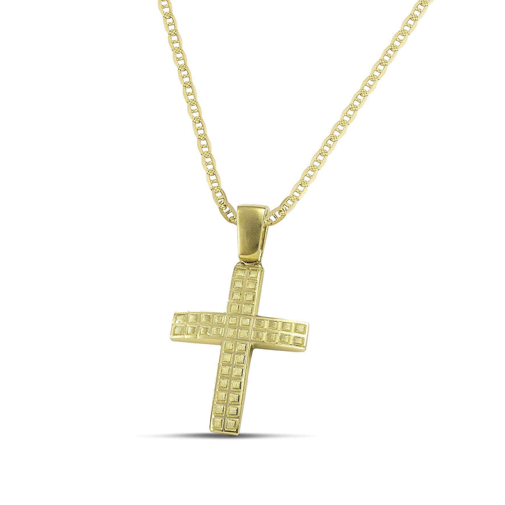 Ανδρικός χρυσός σταυρός βάπτισης με τετράγωνα σχέδια, σε "Θ" αλυσίδα.