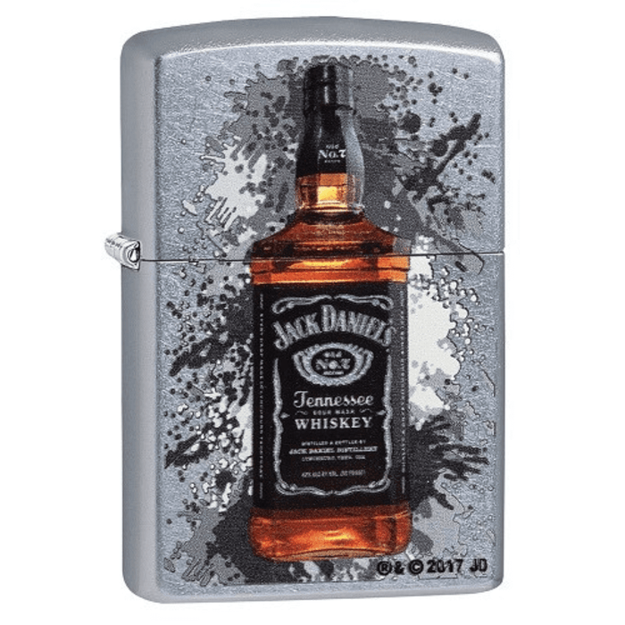 Αντιανεμικός αναπτήρας Zippo Jack Daniels 7040 σε ασημί μεταλλικό χρώμα με μαύρες λεπτομέρειες και δυνατότητα χαράγματος για ένα προσωποποιημένο δώρο.