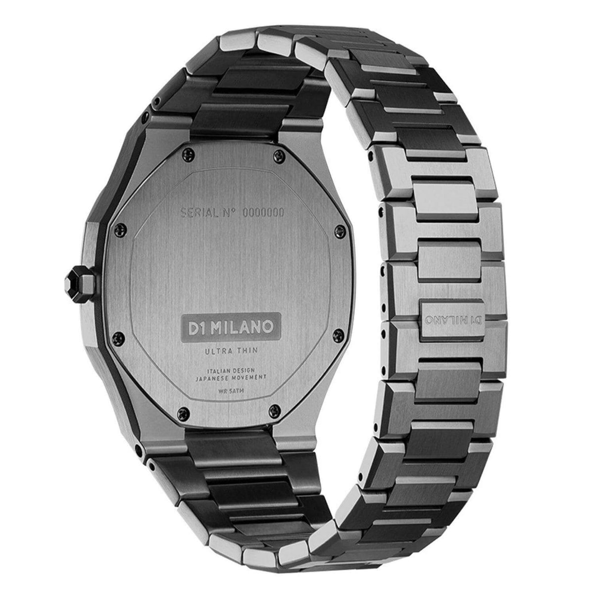 Ρολόι D1 Milano Ultra Thin D1-UTBJ12, με ανθρακί μπρασελέ από ανοξείδωτο ατσάλι, μπλε καντράν και οκτάγωνο στεφάνι με διάμετρο 40mm.