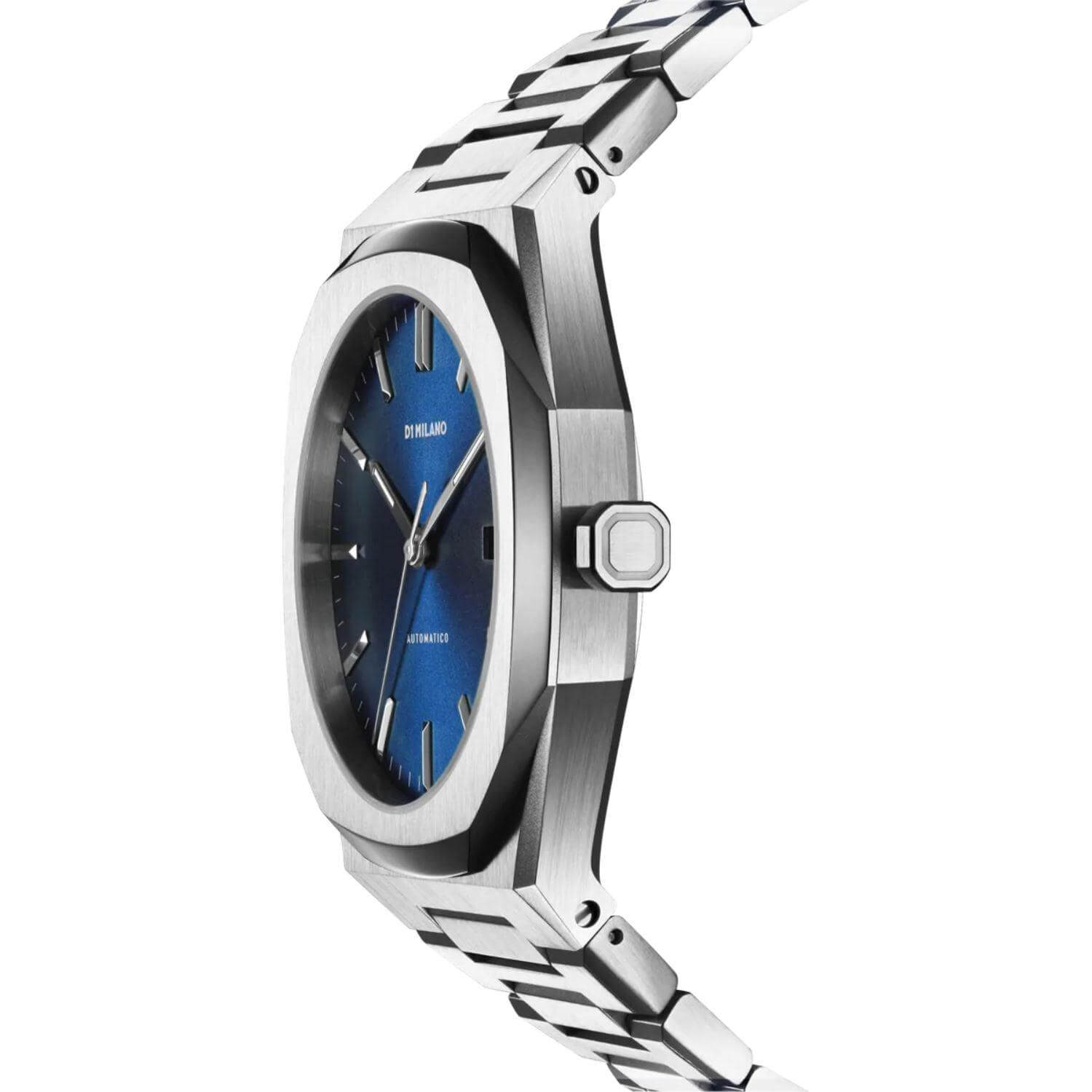Ρολόι D1 Mechanical Automatico D1-ATBJ11 με ασημί μπρασελέ, μπλε καντράν με ένδειξη ημερομηνίας και ασημένια κάσα διαμέτρου 41,5mm σε οκτάγωνο σχήμα.