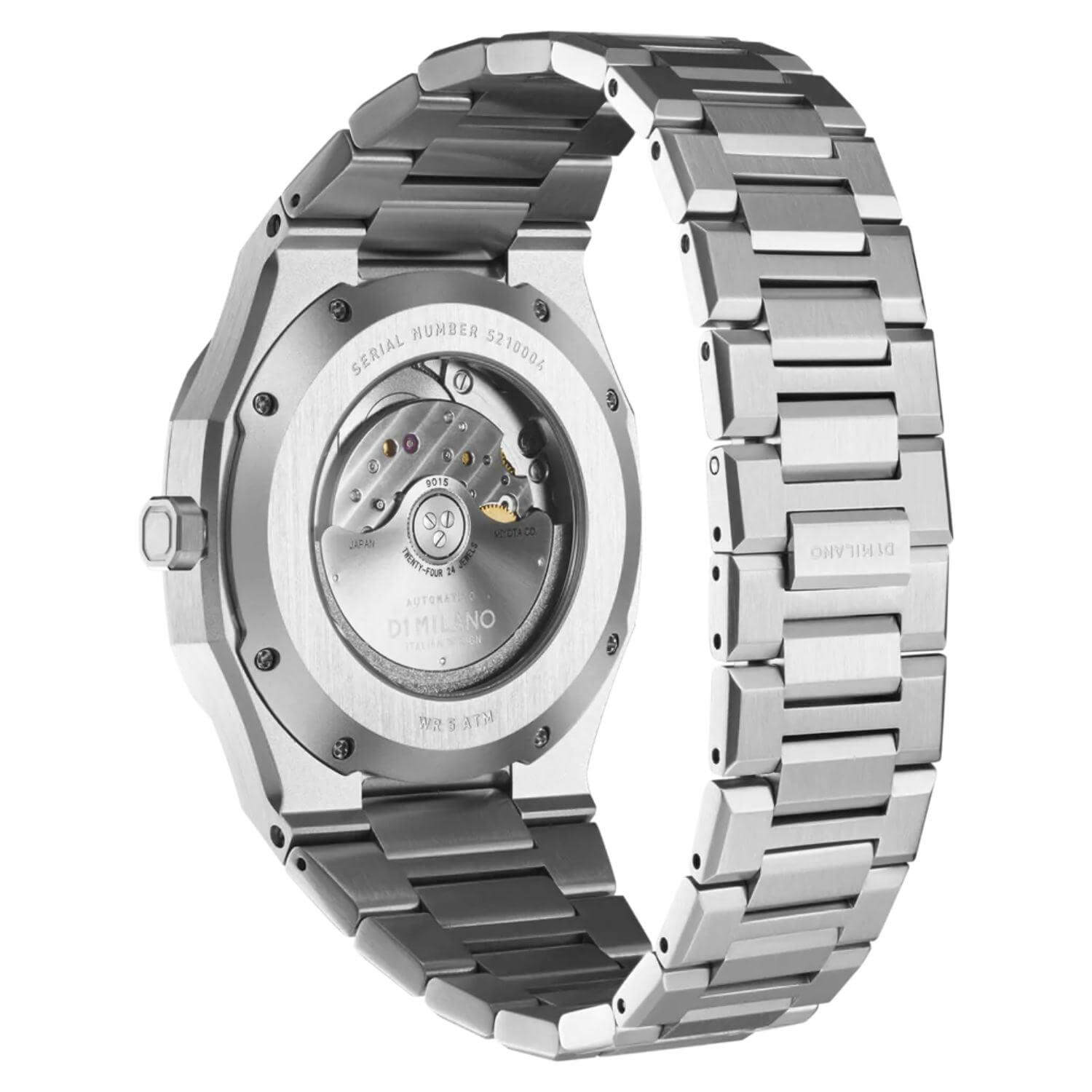 Ρολόι D1 Mechanical Automatico D1-ATBJ11 με ασημί μπρασελέ, μπλε καντράν με ένδειξη ημερομηνίας και ασημένια κάσα διαμέτρου 41,5mm σε οκτάγωνο σχήμα.