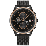 Αντρικό ρολόι Tommy Hilfiger Weston 1710505 με μαύρο ατσάλινο μπρασελέ και μαύρο καντράν διαμέτρου 44mm.