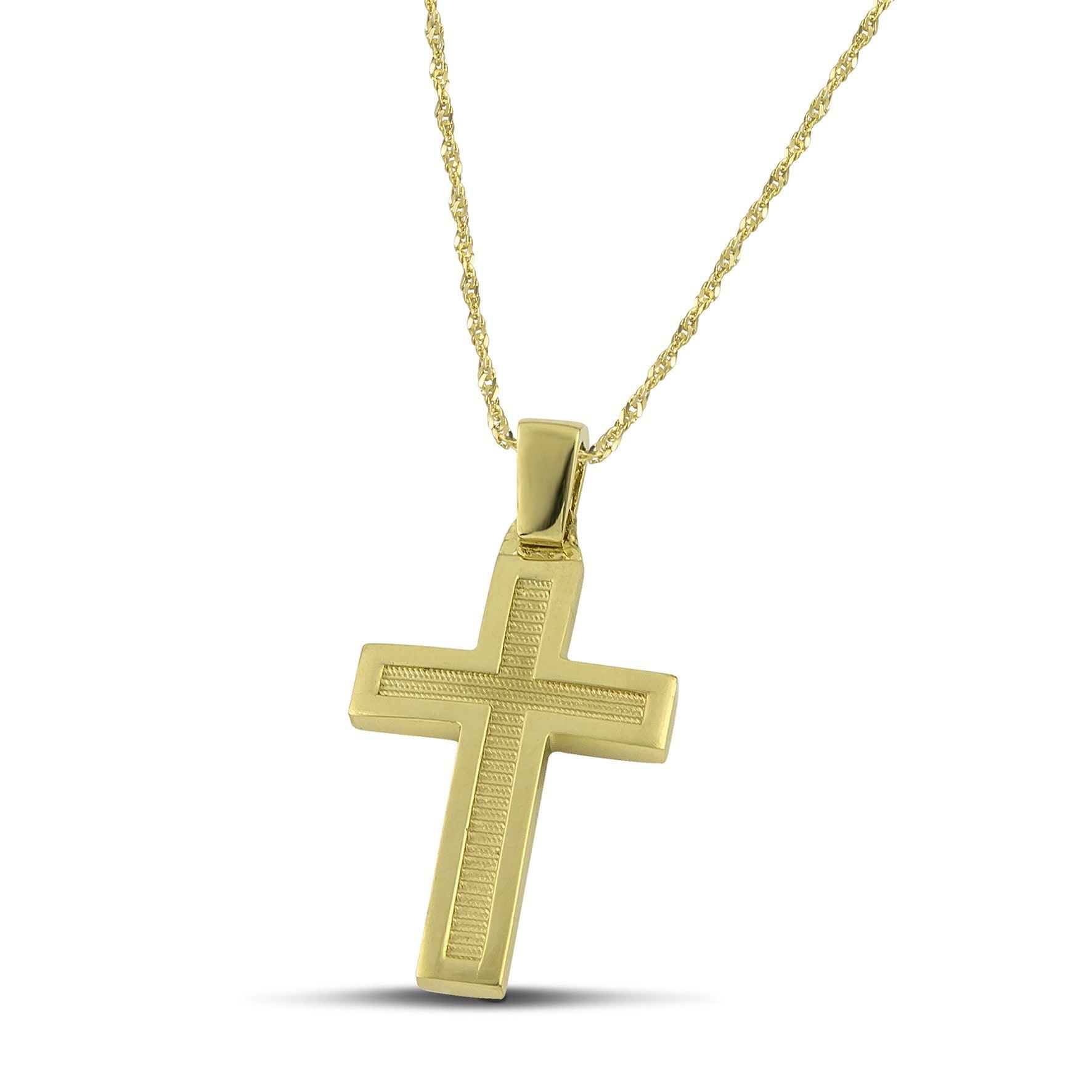 Μοντέρνος βαπτιστικός σταυρός για αγόρι από χρυσό Κ14, διπλής όψης, φορεμένος σε λεπτή, στριφτή  αλυσίδα. 