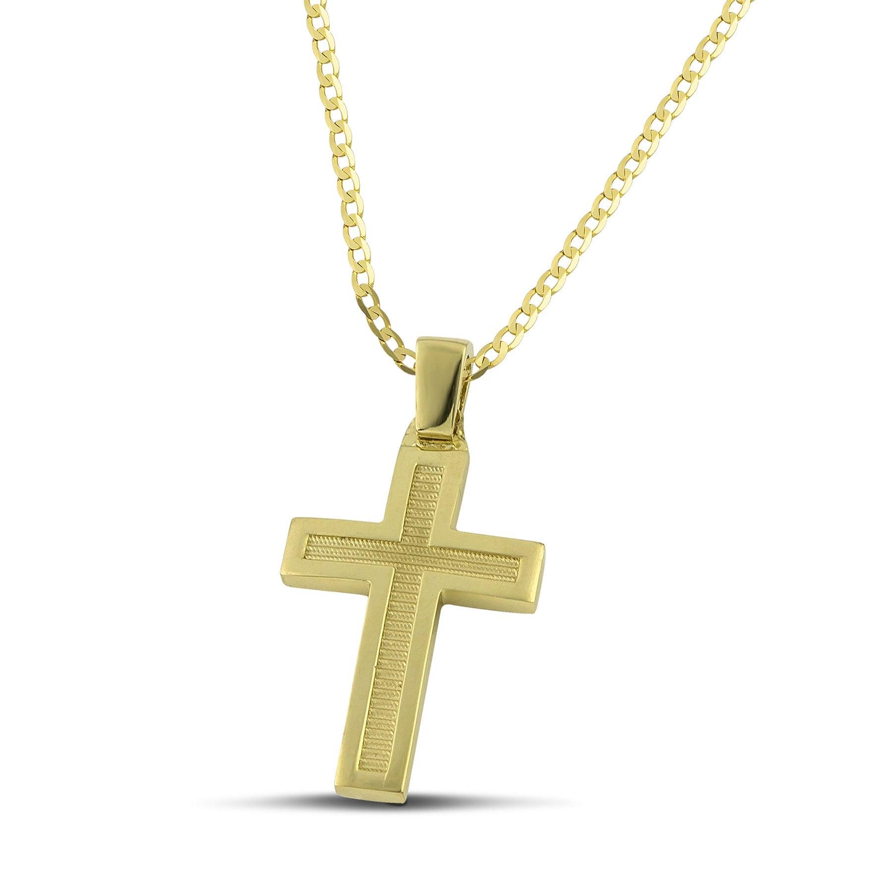 Μοντέρνος βαπτιστικός σταυρός για αγόρι από χρυσό Κ14, διπλής όψης, φορεμένος σε κλασσική αλυσίδα. 