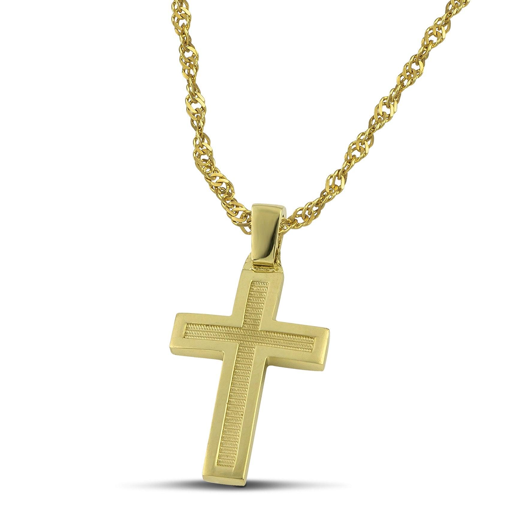 Μοντέρνος βαπτιστικός σταυρός για αγόρι από χρυσό Κ14, διπλής όψης, φορεμένος σε χοντρή αλυσίδα. 