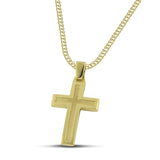 Μοντέρνος βαπτιστικός σταυρός για αγόρι από χρυσό Κ14, διπλής όψης, φορεμένος σε χοντρή αλυσίδα. 