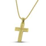 Μοντέρνος βαπτιστικός σταυρός για αγόρι από χρυσό Κ14, διπλής όψης, φορεμένος σε λεπτή αλυσίδα. 