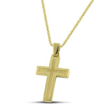 Μοντέρνος βαπτιστικός σταυρός για αγόρι από χρυσό Κ14, διπλής όψης, φορεμένος σε λεπτή αλυσίδα. 