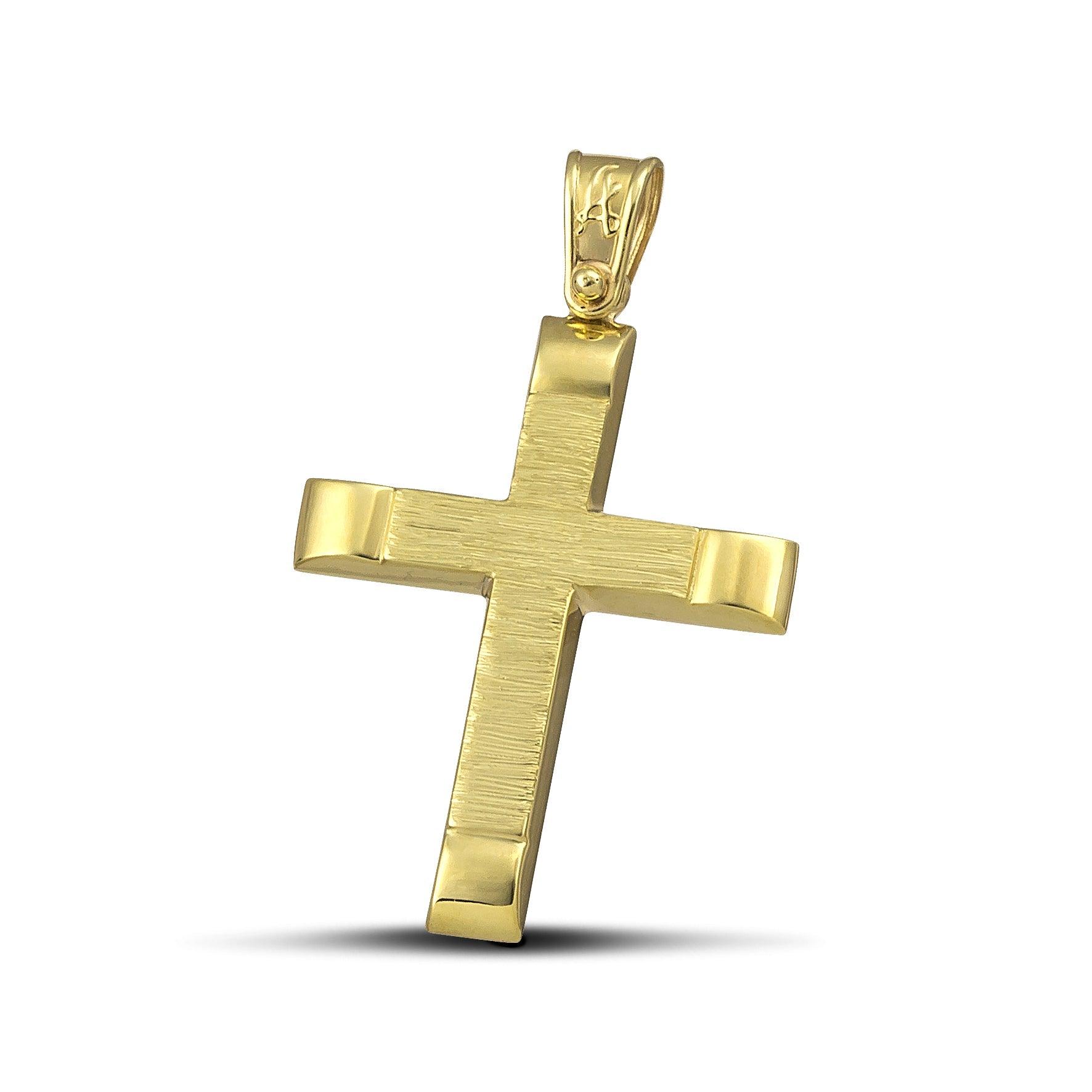 Αντρικός χρυσός βαφτιστικός σταυρός Κ14, σαγρέ με λουστράτες άκρες. 