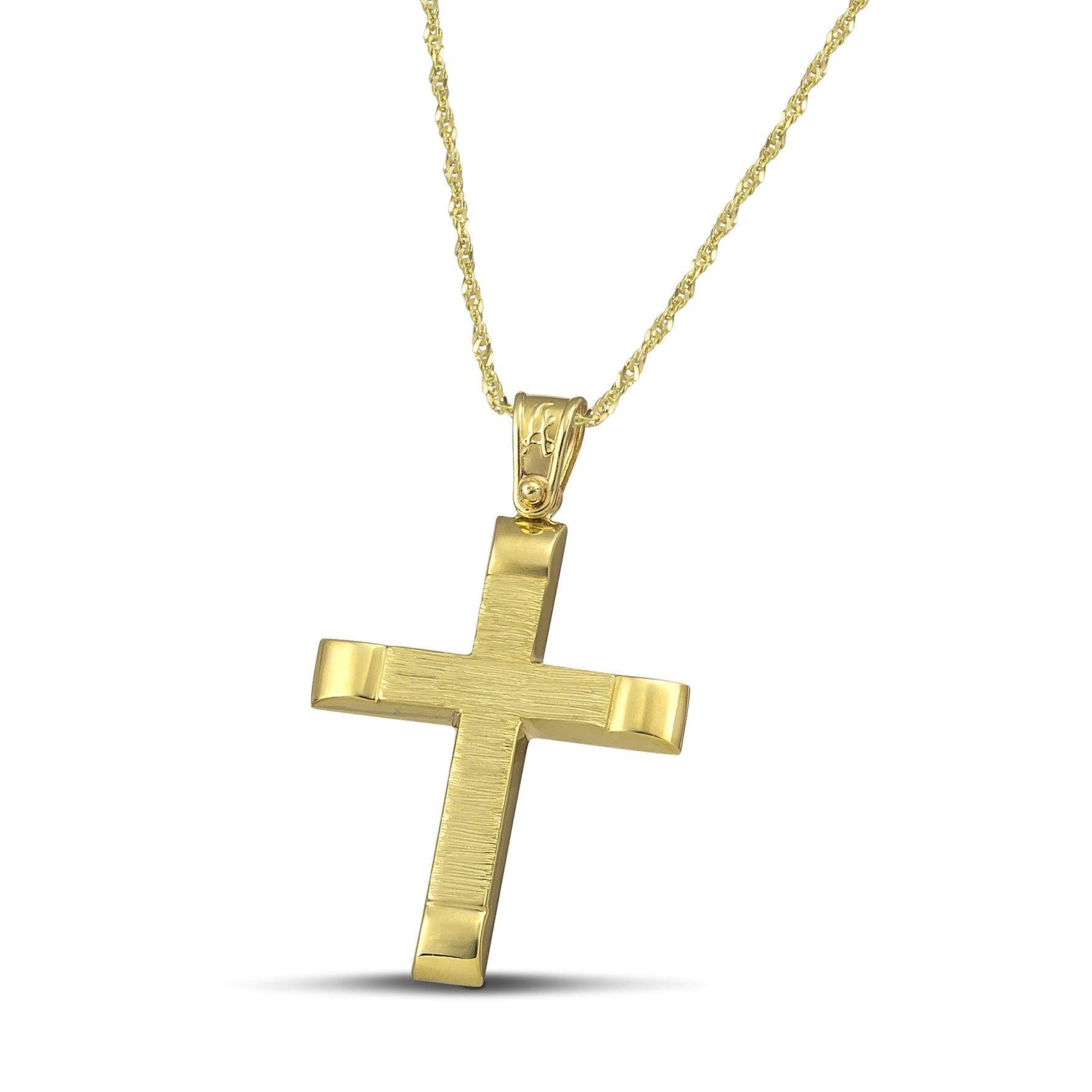 Αντρικός χρυσός βαφτιστικός σταυρός Κ14, σαγρέ με λουστράτες άκρες και λεπτή, στριφτή αλυσίδα.