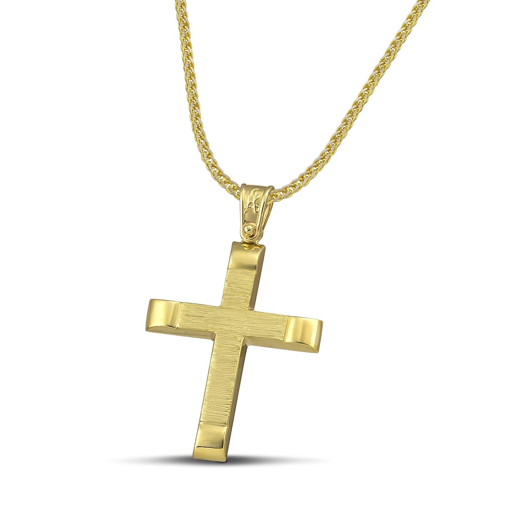 Αντρικός χρυσός βαφτιστικός σταυρός Κ14, σαγρέ με λουστράτες άκρες και πυκνή αλυσίδα.