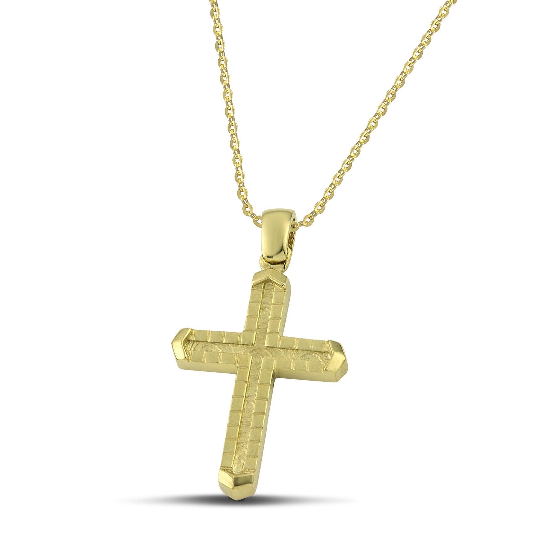 Ανδρικός σταυρός βάπτισης από χρυσό Κ14 με μοντέρνο σχέδιο και λεπτή αλυσίδα. 