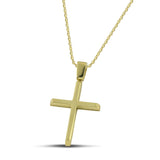 Χρυσός σταυρός βάπτισης Κ14 για αγόρι, διπλής όψης λουστράτος, φορεμένος σε λεπτή αλυσίδα. 