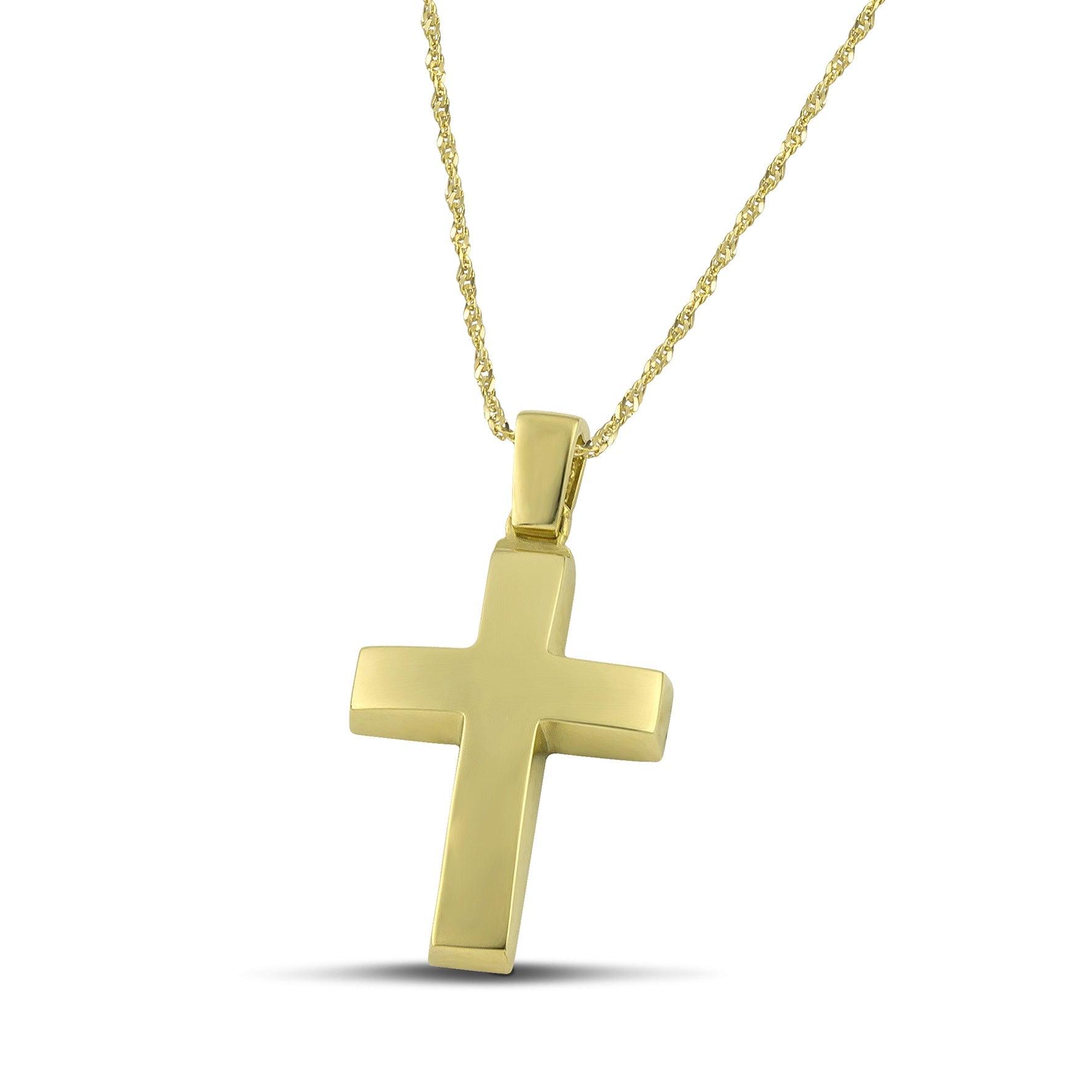 Ανδρικός σταυρός χρυσός Κ14, διπλής όψης, σε λεπτή, στριφτή  αλυσίδα.
