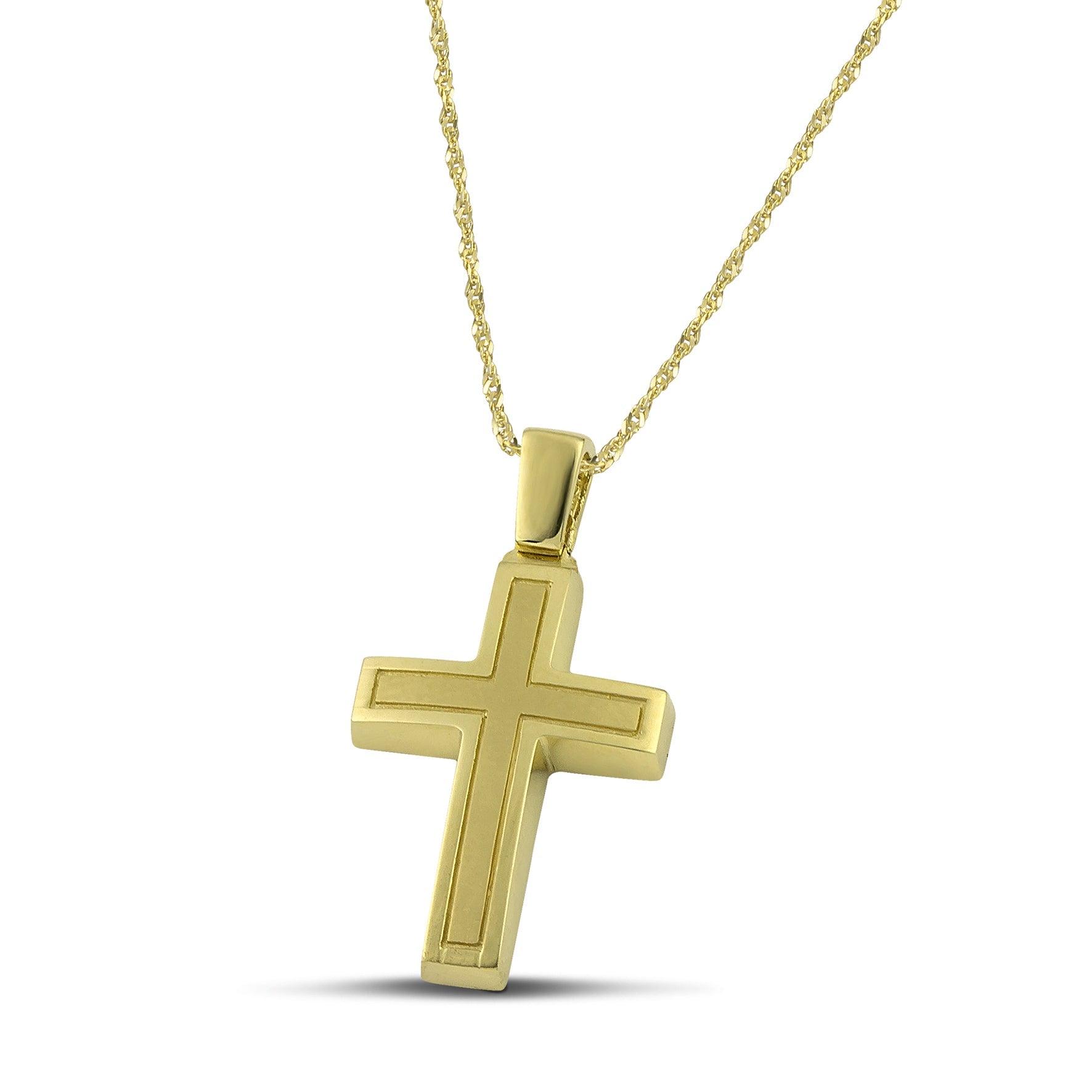 Ανδρικός βαπτιστικός σταυρός χρυσός Κ14, διπλής όψης, με λεπτή, στριφτή  αλυσίδα. 