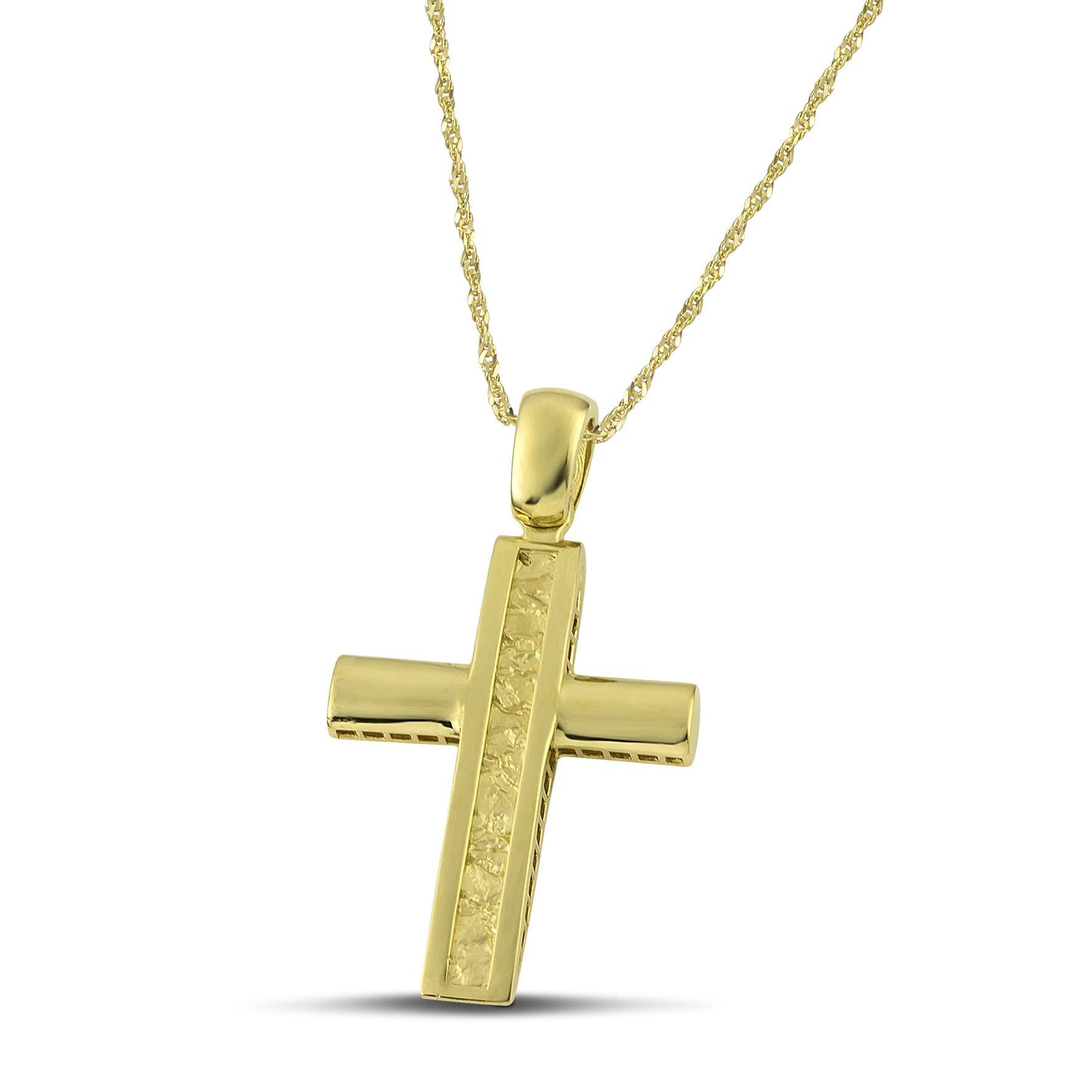 Ανδρικός σταυρός βάπτισης από χρυσό Κ14, ανάγλυφος, σε λεπτή, στριφτή  αλυσίδα. 