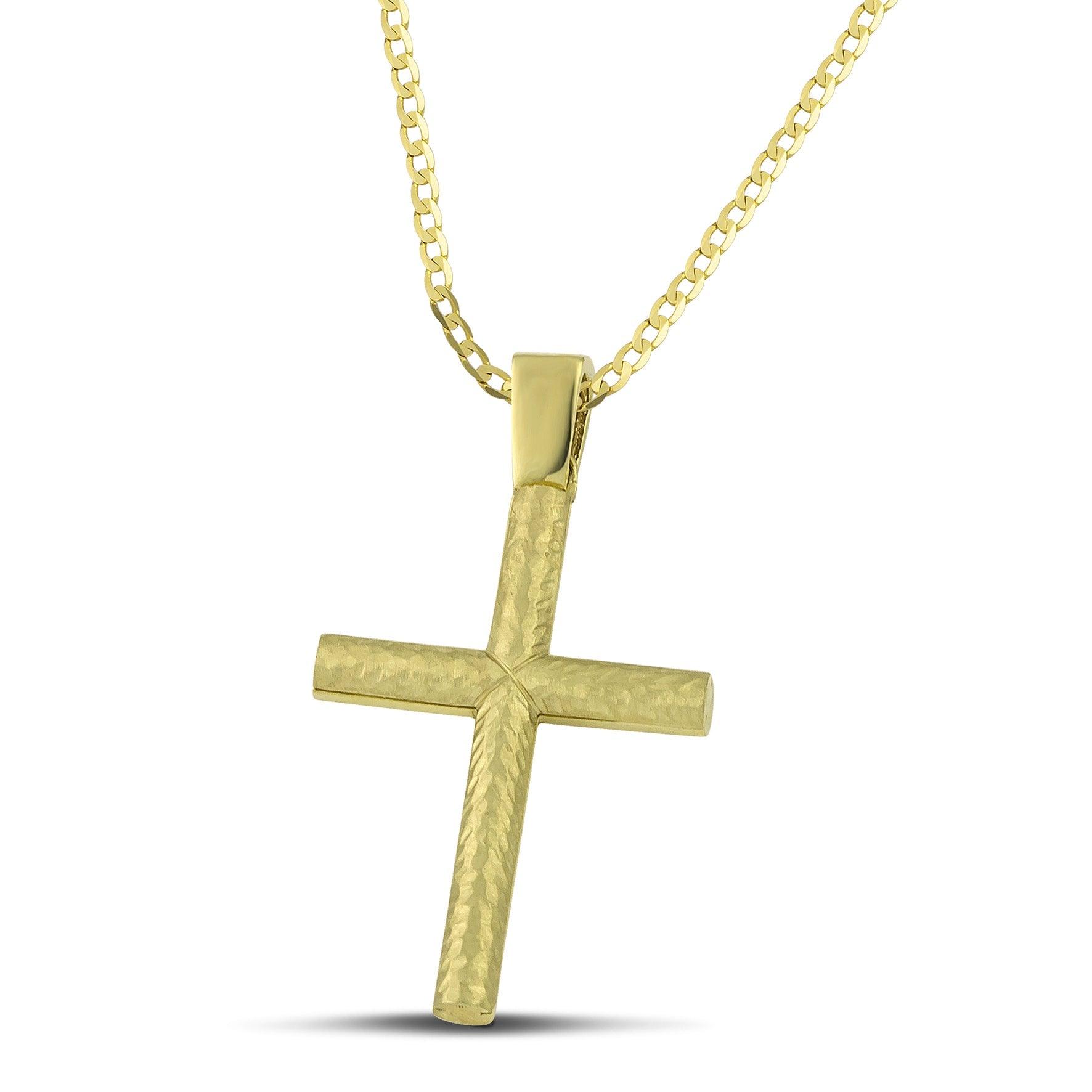 Σταυρός βάπτισης από χρυσό Κ14 για αγόρι, διπλής όψης, με κλασσική αλυσίδα. 