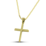 Χρυσός σταυρός βάπτισης Κ14 για αγόρι, διπλής όψης λουστράτος, φορεμένος σε κλασσική αλυσίδα. 