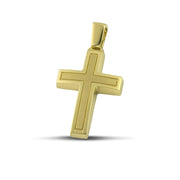 Ανδρικός βαπτιστικός σταυρός χρυσός Κ14, διπλής όψης, φορεμένος σε μοντέλο.