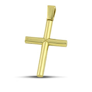 Σταυρός βάπτισης από χρυσό Κ14 για αγόρι, διπλής όψης, σε μοντέλο.