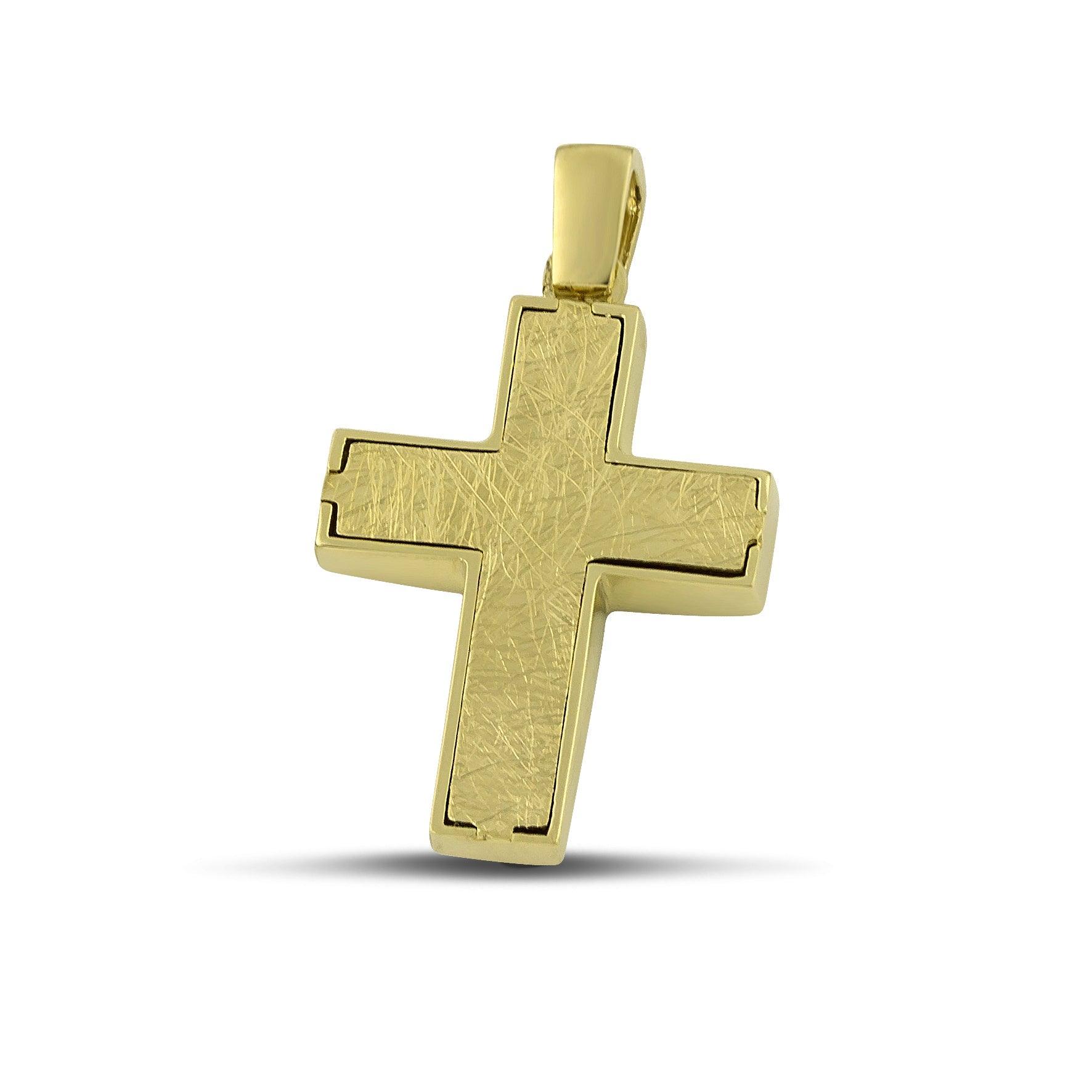 Αντρικός σταυρός διπλής όψης, από χρυσό Κ14 σαγρέ.