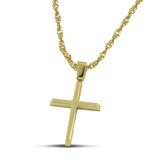 Χρυσός σταυρός βάπτισης Κ14 για αγόρι, διπλής όψης λουστράτος, φορεμένος σε στριφτή αλυσίδα. 