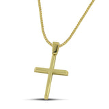 Χρυσός σταυρός βάπτισης Κ14 για αγόρι, διπλής όψης λουστράτος, φορεμένος σε χοντρή αλυσίδα. 